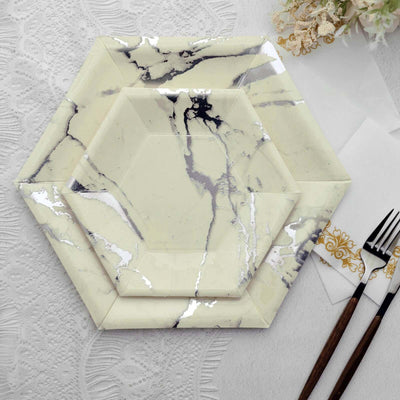25-Pack Paper 8.5" Hexagon Dessert Plates in Ivory with Silver Marble Design - Disposable Geometric 400GSM Appetizer Salad Plates for Events & Banquets