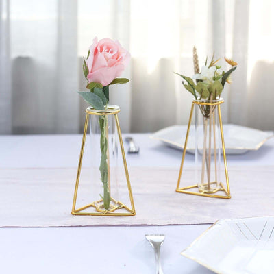 2-Pack Mini Wedding Centerpieces Gold Metal Frame Triangular Geometric Design - Test Tube Bud Vases 6"
