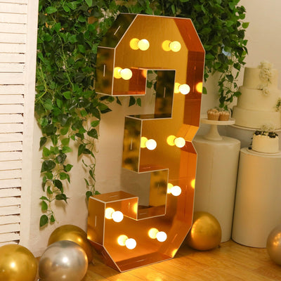 Giant LED Marquee Light Up Number ’3’’ Gold 4ft Pre-Cut Foam Board with 10 Warm White Battery Operated LEDs Glue Gun