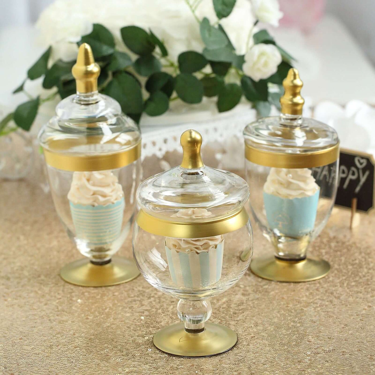 Set of 3 Glass Jars Apothecary Design Clear with Gold Trim and Snap-On Lids - Stylish Decorative Candy Buffet Storage 8.5", 9", 10"