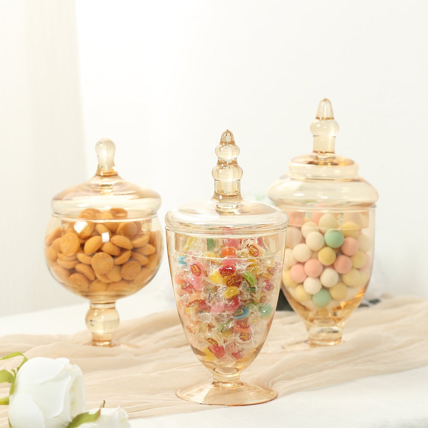 Set of 3 Glass Jars Apothecary Design Amber Gold and Snap-On Lids - Stylish Decorative Candy Buffet Storage 8.5", 9", 10"