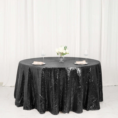 Sequin 120" Round Tablecloth Black - Seamless Glittering Table Cover