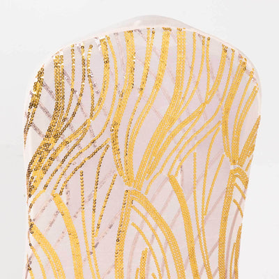 Spandex Chair Cover with Wave Embroidered Sequins for Banquet Chairs Rose Gold/Gold - Glittering Stretch Fitted Slipcover