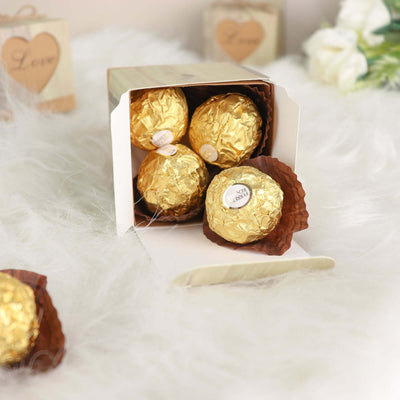 25 Pack 2.5" Rustic Wood Pattern Natural Brown Paper Candy Gift Boxes, Square Party Favor Boxes with Burlap Jute Twine and Love Heart Cut Out