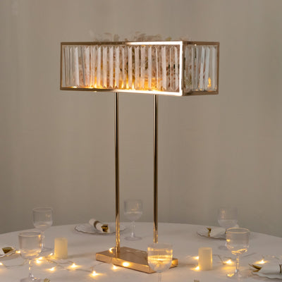 Gold Crystal Pendant Flower Stand Metal Centerpiece Vase – 32’’ Tall Rectangular Display Rack - Centerpieces