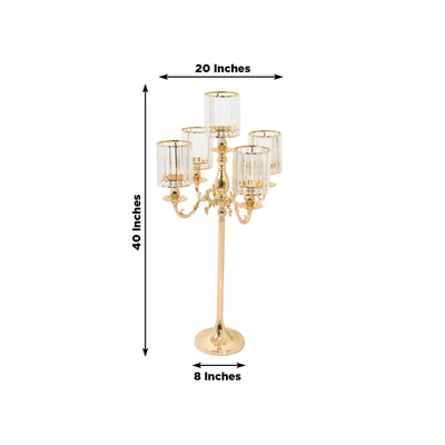 Gold Metal 5-Arm Candelabra with Crystal Pendant Glass Shades – 40’’ Tall Candle Holder for Pillar LED and Flameless