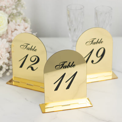 Gold Mirror Arch Acrylic Table Numbers (11-20) - 6’’x7’’ Wedding Reception Signs with Black Print & Stands - Decorations
