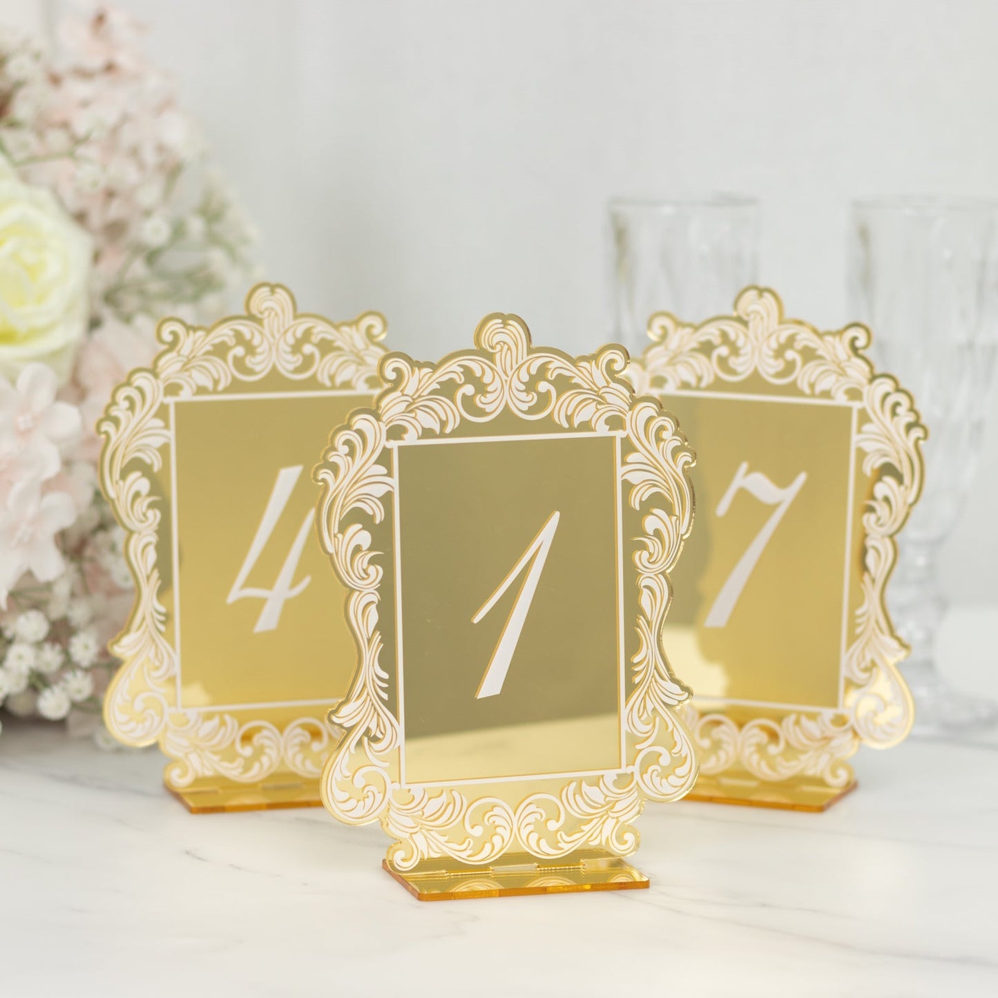 Gold Mirror Arch Acrylic Table Numbers (1-10) - 5"x7" Wedding Reception Signs with Baroque Lace Border, White Print & Stands