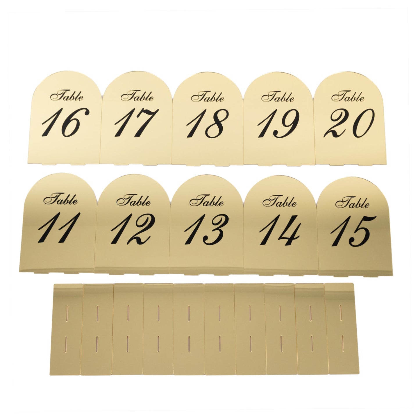 Gold Mirror Arch Acrylic Table Numbers (11-20) - 6"x7" Wedding Reception Signs with Black Print & Stands