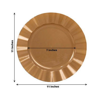 10-Pack Plastic 11" Round Dinner Plates in Gold with Ruffled Rim - Sturdy Disposable Dinnerware for Classy Events & Banquets