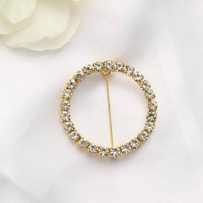 Rhinestone Chair Sash Band Buckle Gold 2" Circle Metal - Glittering Diamond Bow Pin for Chair Sashes & Wedding Decor