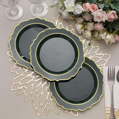 10-Pack Plastic 8" Round Dessert Plates in Hunter Emerald Green with Gold Scalloped Rim - Disposable Appetizer/Salad Plates