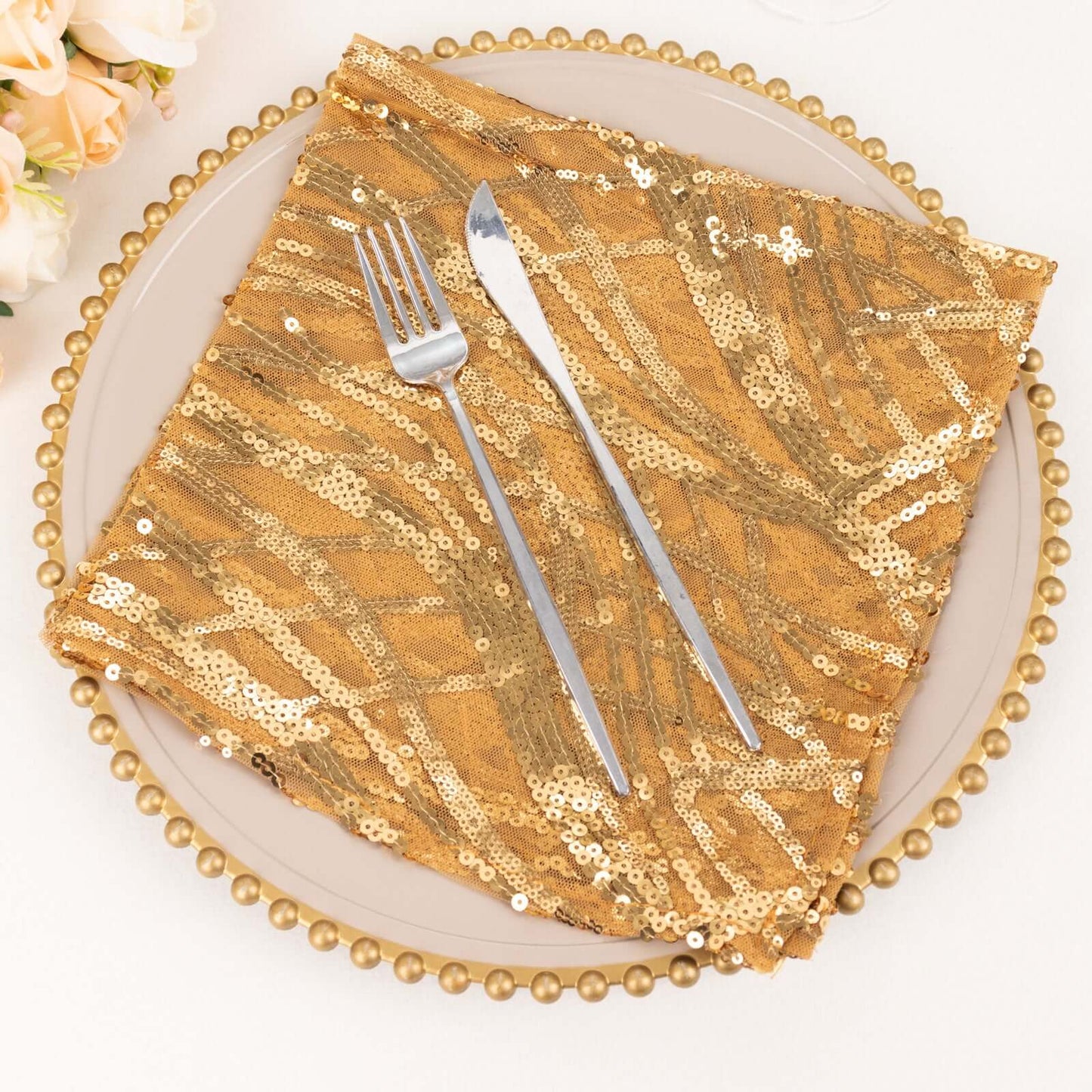 Sequin Mesh 20"x20" Napkin Gold - Wave Embroidered Reusable Cloth Napkin for Glitzy Table Settings