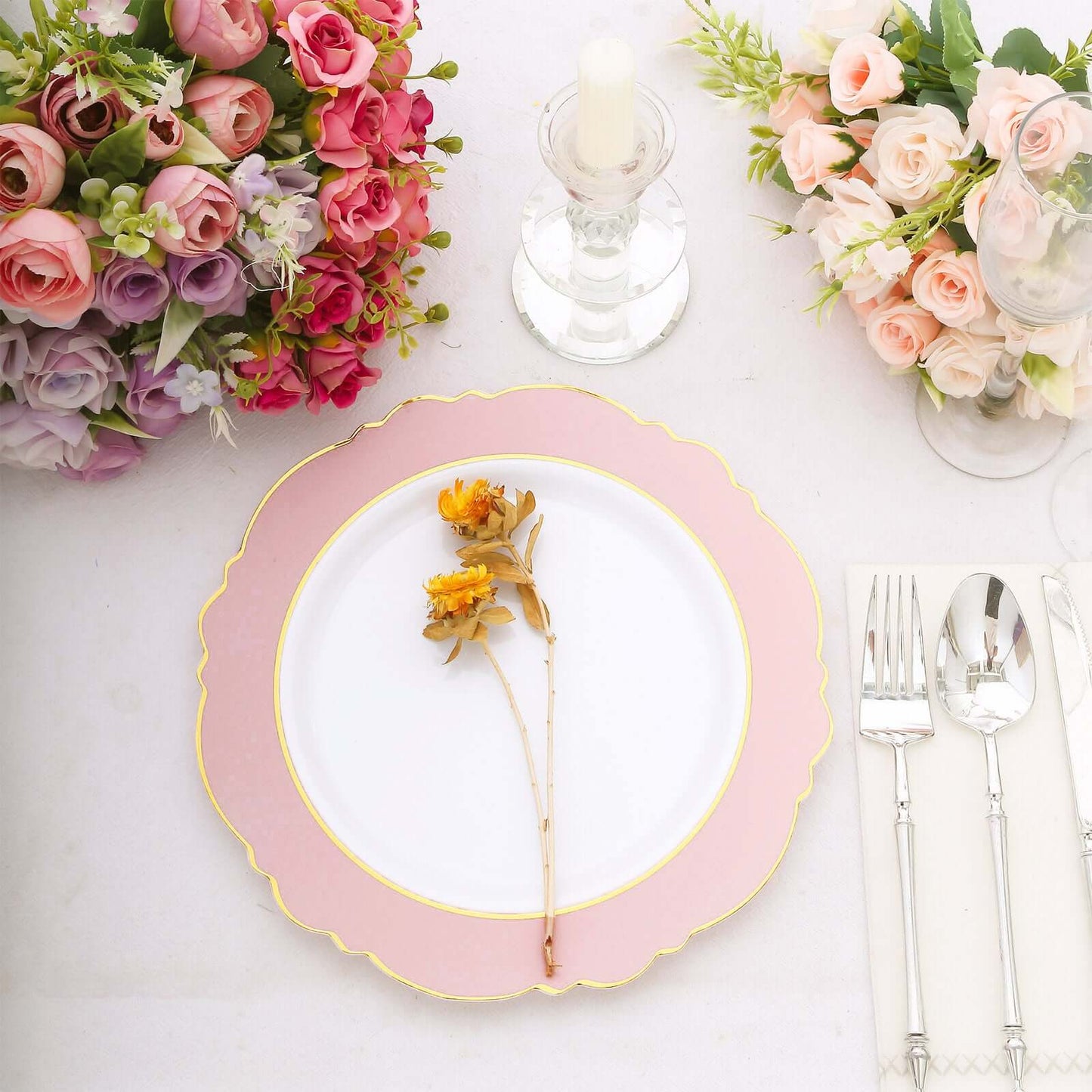 10-Pack Plastic 10" Round Dinner Plates in White with Blush Blossom Design & Gold Edging - Disposable Party Plates