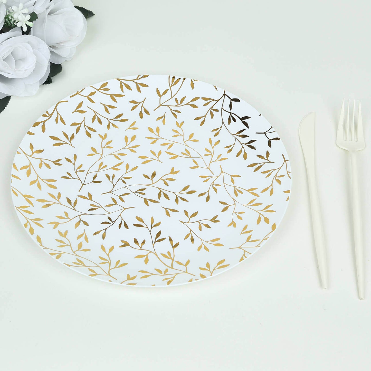 10-Pack Plastic 10" Round Dinner Plates in White with Gold Leaf Design - Heavy Duty Disposable Party Plates for Stylish Events & Memorable Gatherings