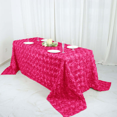Satin 90"x132" Rectangle Tablecloth Fuchsia - Grandiose 3D Rosette Seamless Table Cover
