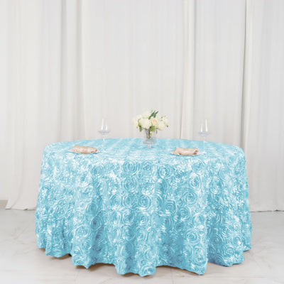 Satin 120" Round Tablecloth Light Blue - Grandiose 3D Rosette with Seamless Finish Table Cover