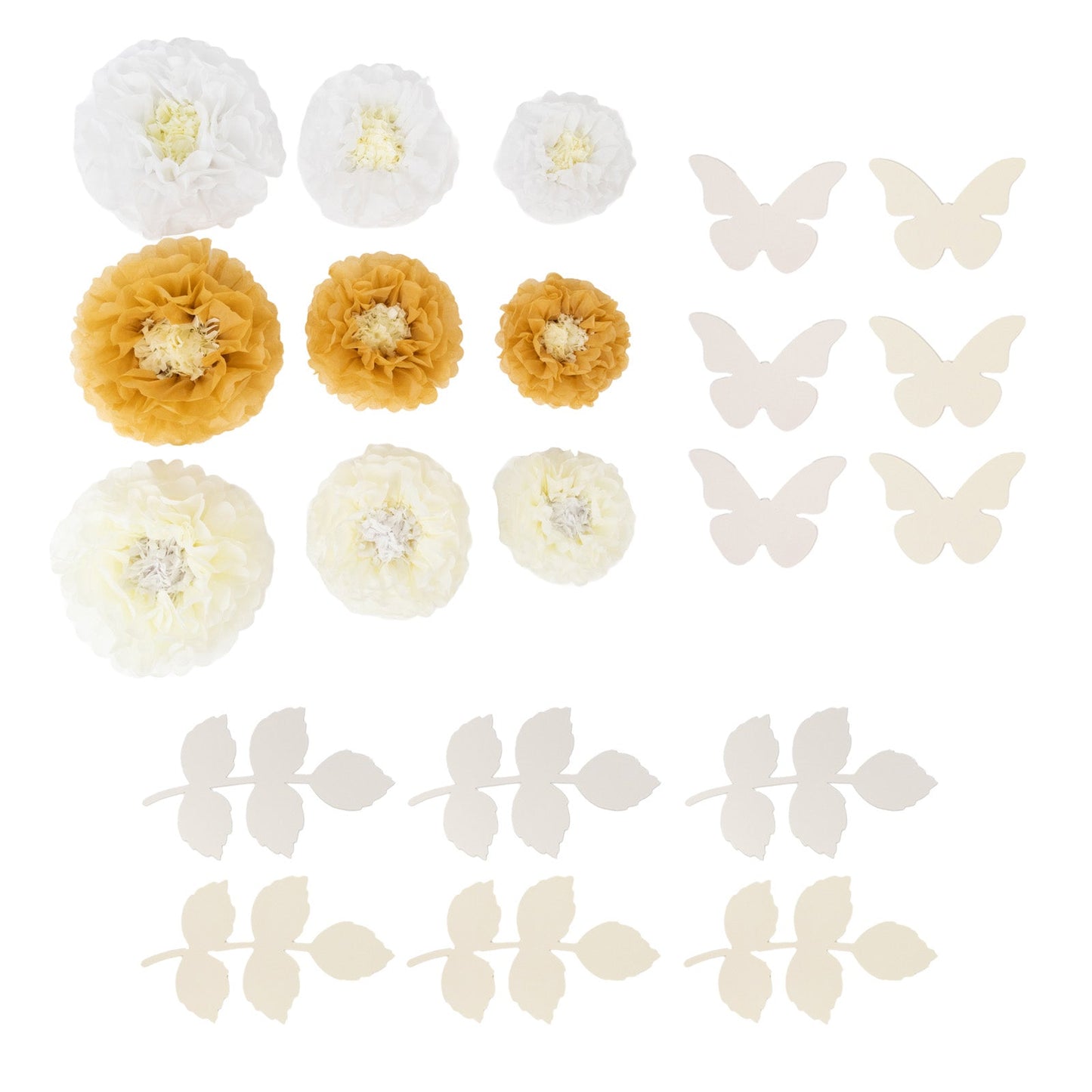 Set of 21 Tissue Paper Flowers Pom Poms Decor Kit – White Ivory 3D Chrysanth Floral Wall Decor with Butterflies & Olive Leaves - 8",10",12"