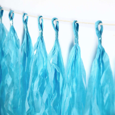 12 Pack Pre-Tied Turquoise Tissue Paper Tassel Garland With String, Hanging Fringe Party Streamer Backdrop Decor