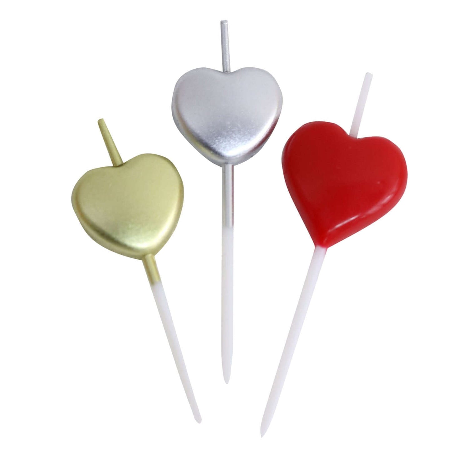10-Pack Heart Shaped Cupcake Candles Love and Valentine Dessert Toppers - Red, Silver, and Gold