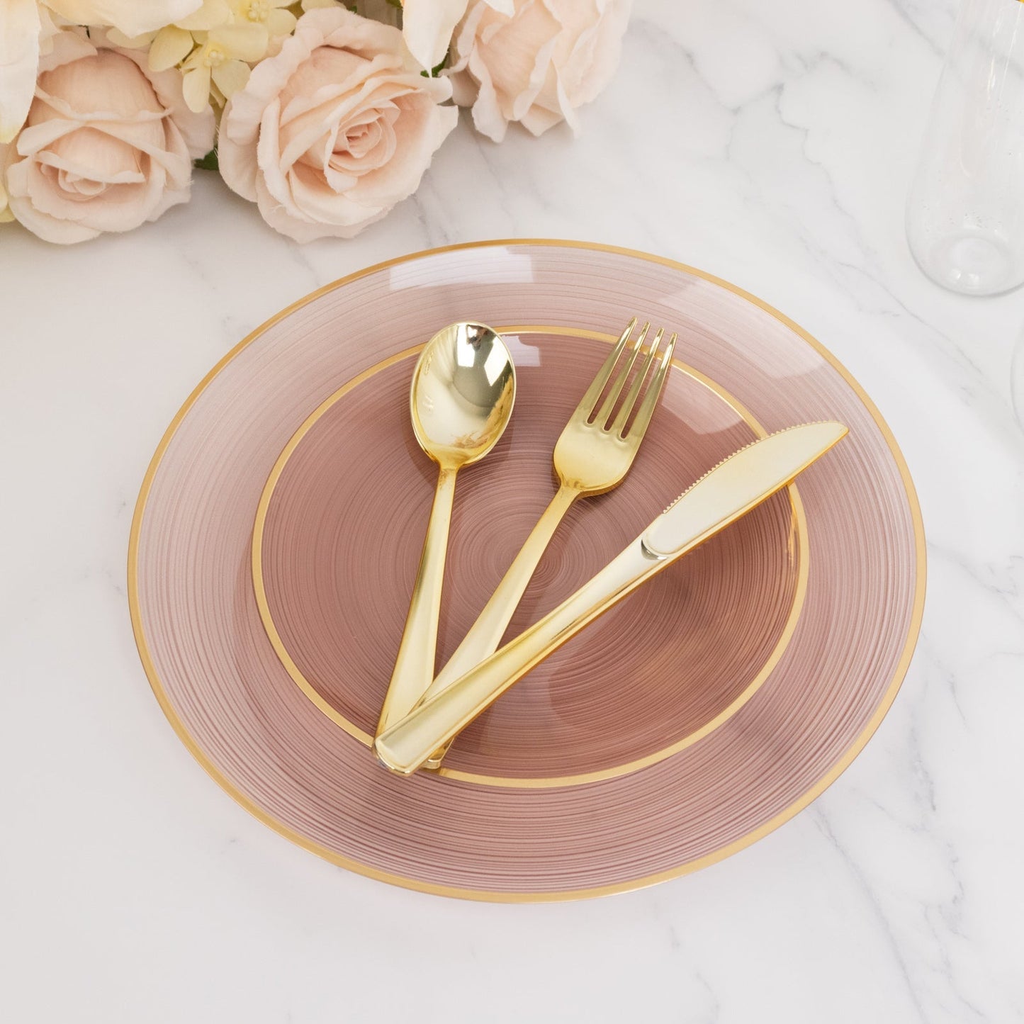 20-Pack 7" Plastic Salad Dessert Plates, Round Transparent Dusty Rose Swirl with Gold Rim – Crystal-Like Elegant Party Plates
