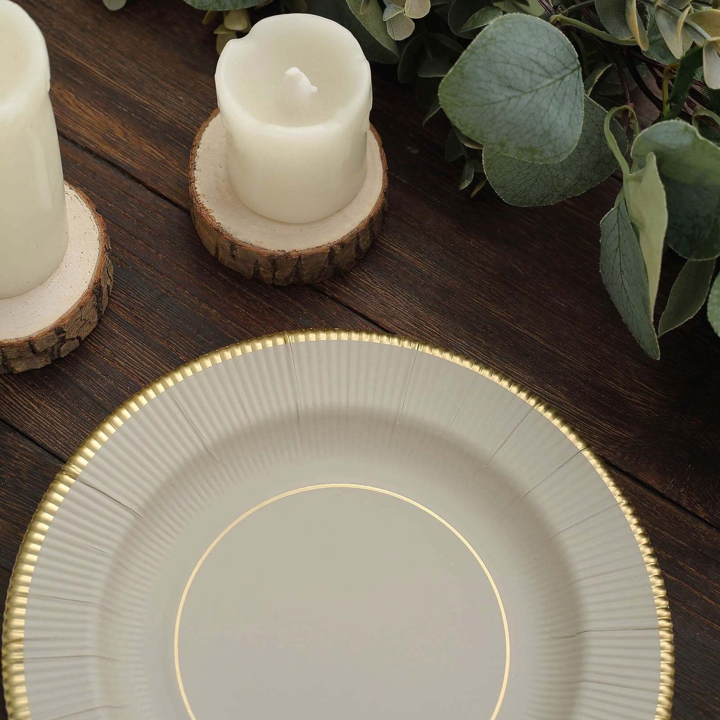 25-Pack Paper 8" Round Dessert Plates in Taupe Sunray Design with Gold Rim - Disposable Heavy Duty 350GSM Appetizer Salad Plates
