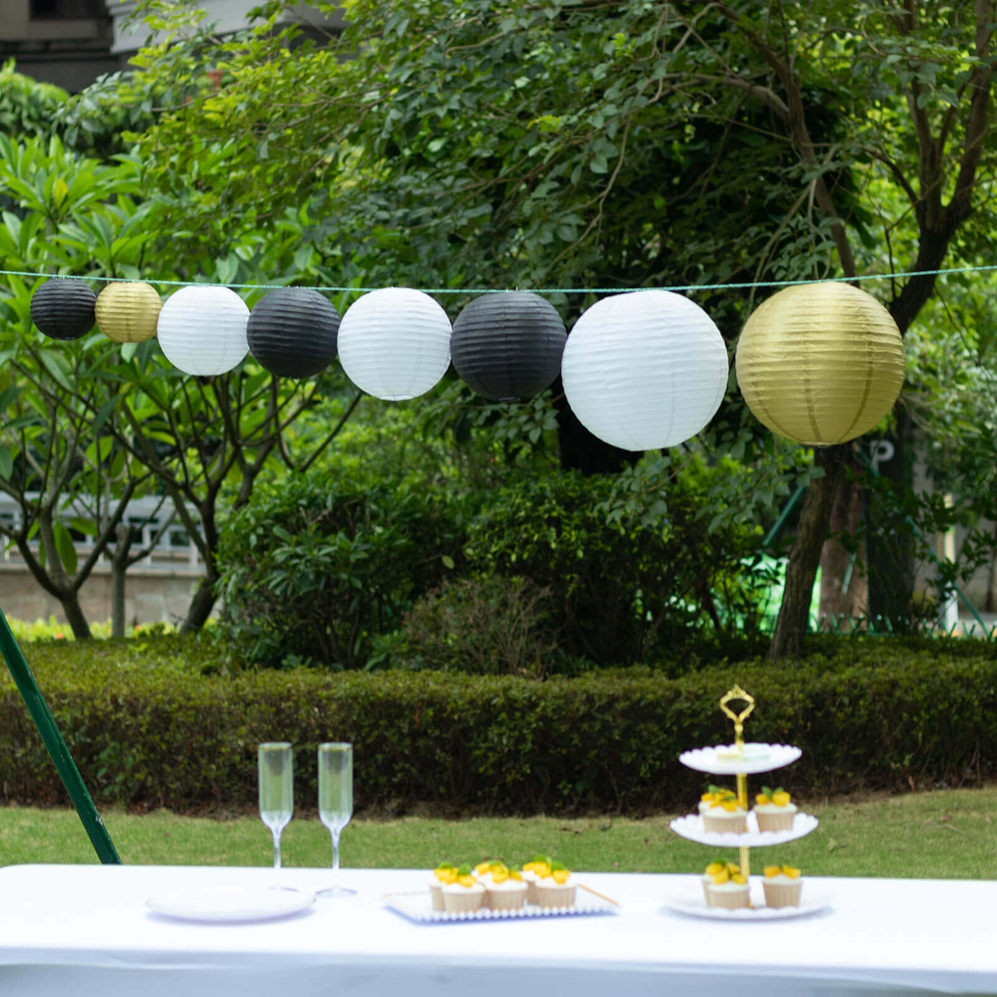 Set of 8 Mixed Black Gold Hanging Paper Lanterns, Decorative Round Chinese Sky Lanterns, Assorted Sizes - 6",8",10",14"