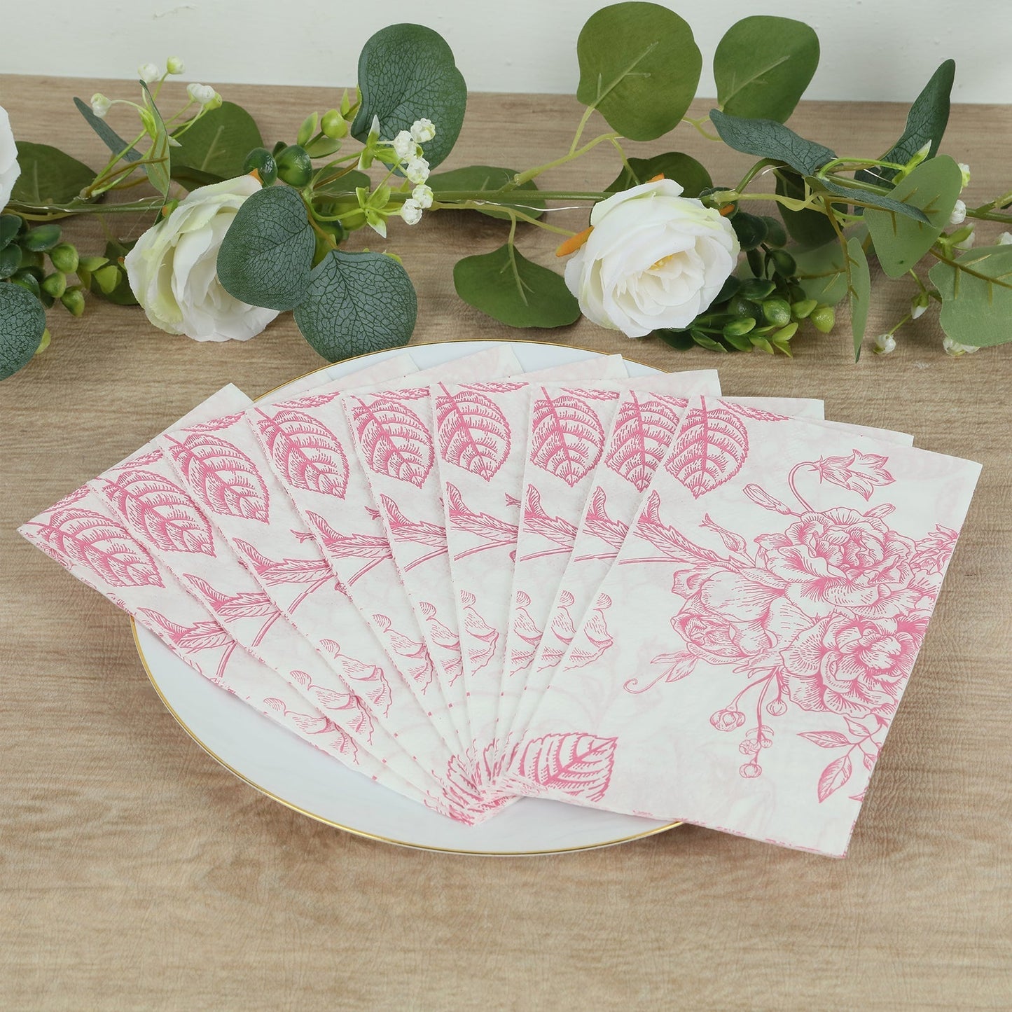 50 Pack 2-Ply Paper Party Napkins in French Toile Floral Pattern, Matte Pink and White Highly Absorbent Soft Disposable Dinner Napkins
