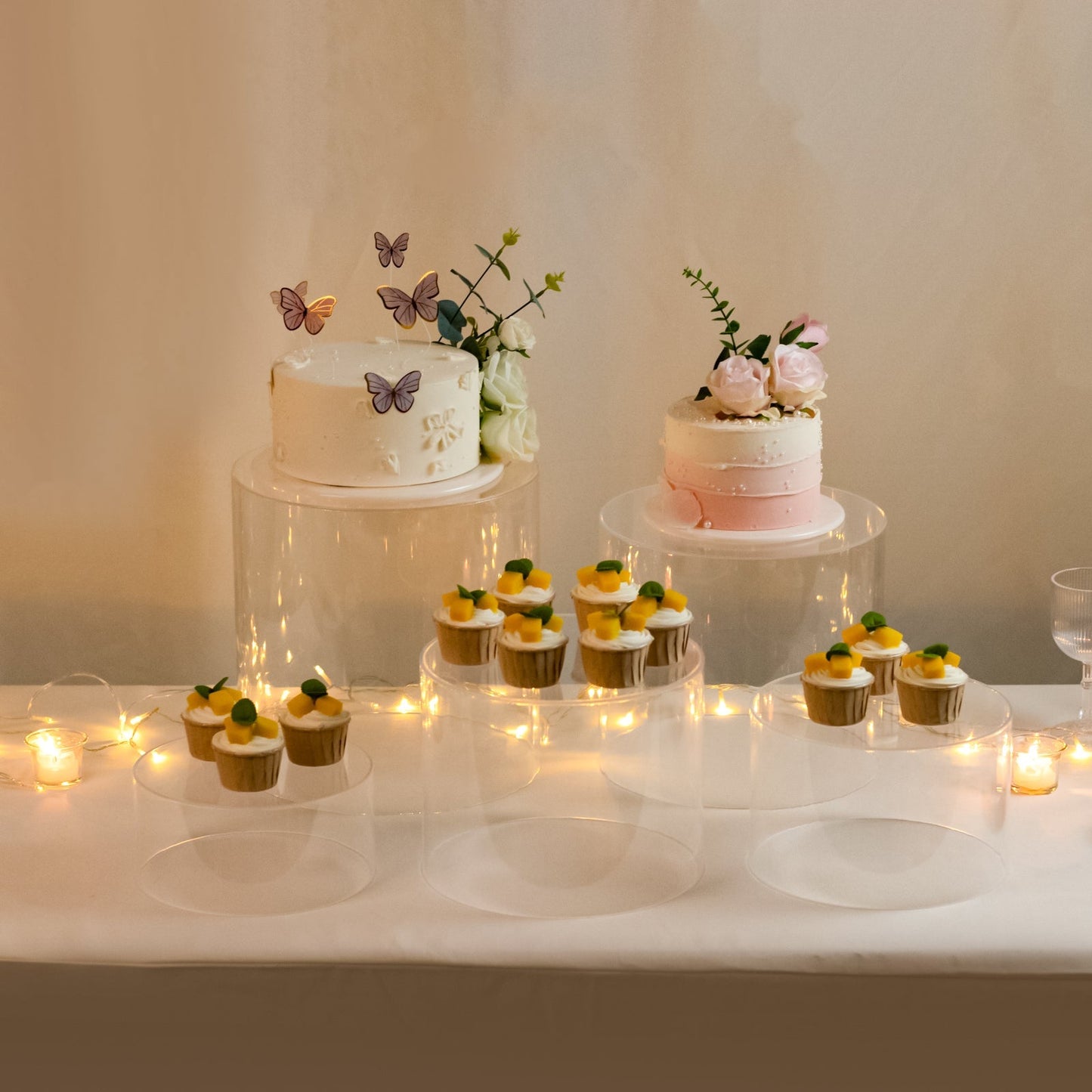 Set of 5 Acrylic Cake Stands Cylinder Design Round Clear - Display Risers for Events 8.5", 9", 10", 11", 12"