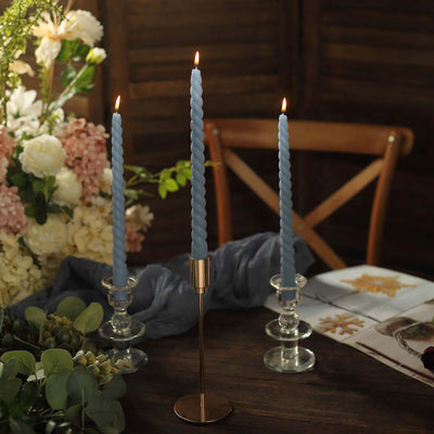 12-Pack Taper Candles Spiral Long Burn Wick Design Dusty Blue - Premium Unscented Wax Dinner Candle Sticks 11"