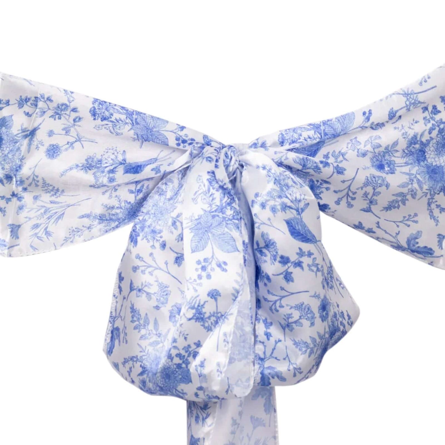 5 Pack Satin Chair Sashes White/Blue French Toile Floral Pattern - Wrinkle-Resistant & Reusable Chair Bows for Effortless Event Setup 6"x108"