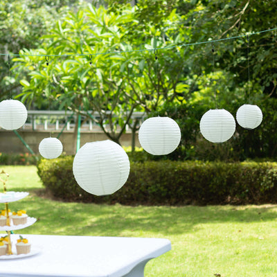 Set of 8 Ivory Hanging Paper Lanterns, Decorative Round Chinese Sky Lanterns, Assorted Sizes - 6",8",10",14"