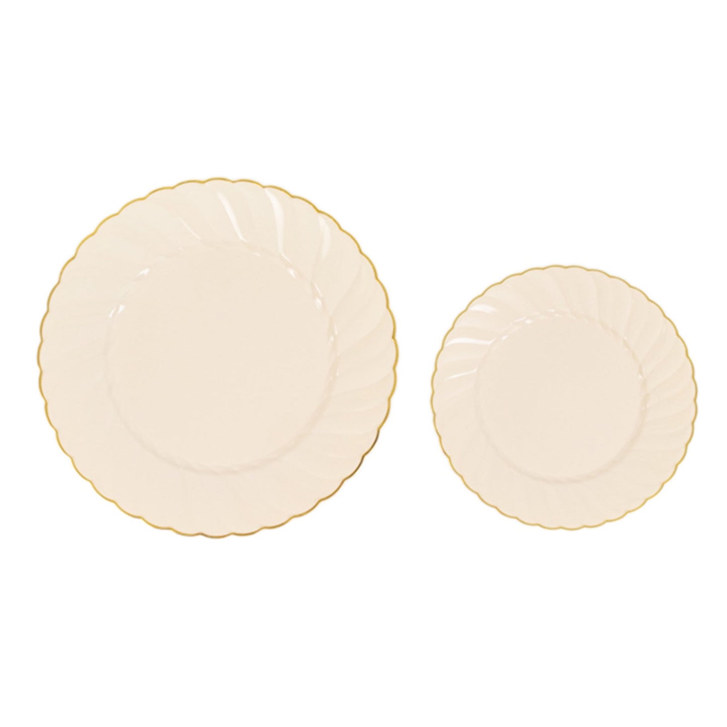 10-Pack Plastic 10" Round Dinner Plates in Ivory with Gold Flair Rim - Disposable Party Plates