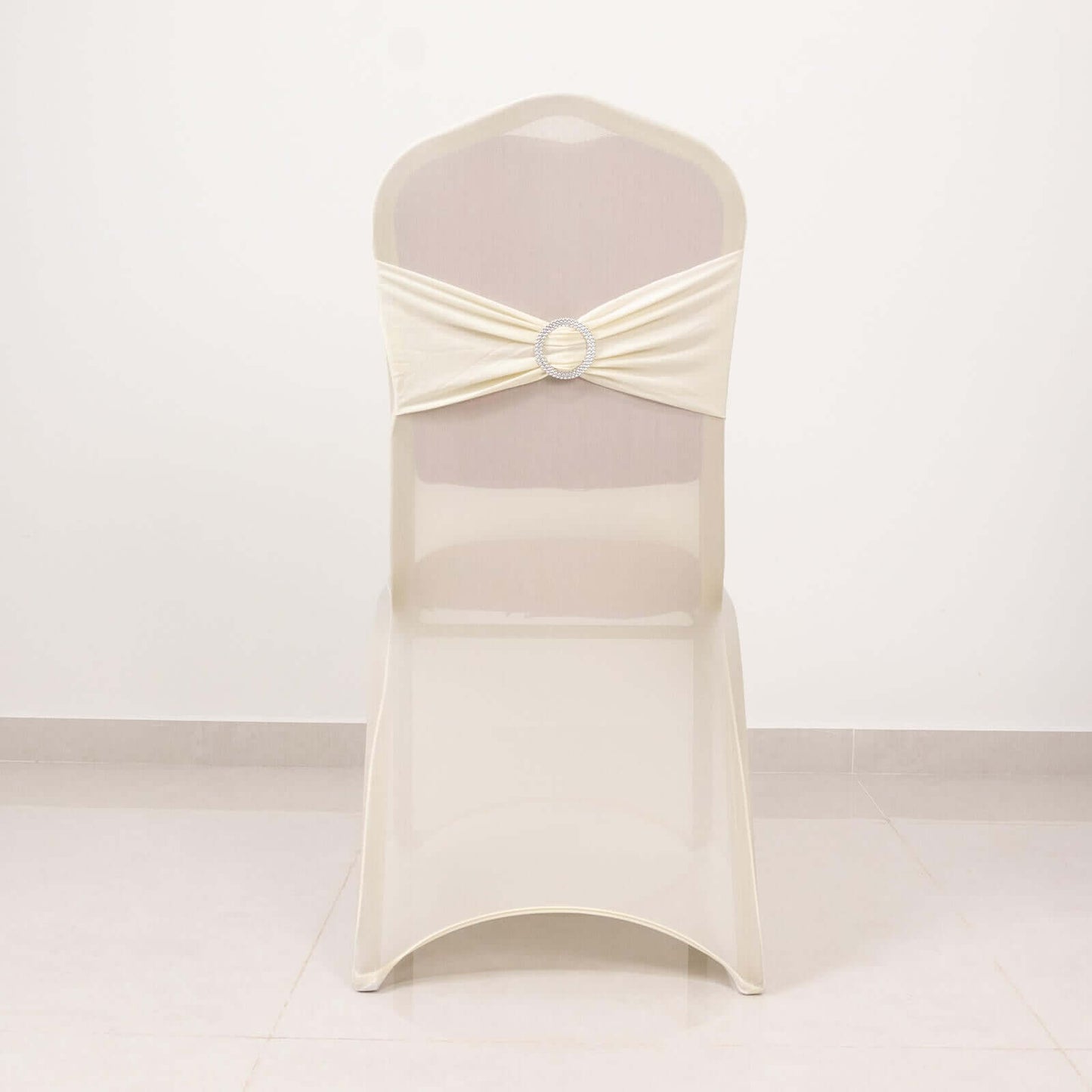 Spandex Chair Cover with Silver Rhinestone Buckled Sash Band Ivory - Stretch Fitted Slipcover
