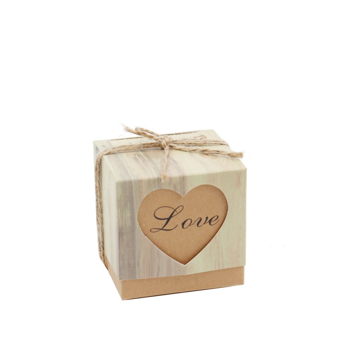 25 Pack 2.5" Rustic Wood Pattern Natural Brown Paper Candy Gift Boxes, Square Party Favor Boxes with Burlap Jute Twine and Love Heart Cut Out