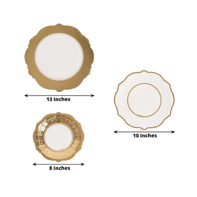 75 Pcs Paper Charger Plates with Gold Embossed Scalloped Rim White - Heavy Duty Disposable Dinner and Salad Plates 8",10",13"