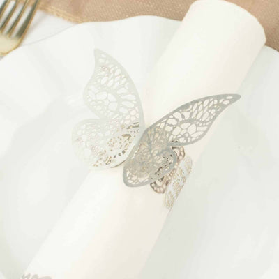 12-Pack Paper Napkin Rings Laser Cut Butterfly Metallic Silver - Decorative Serviette Holders