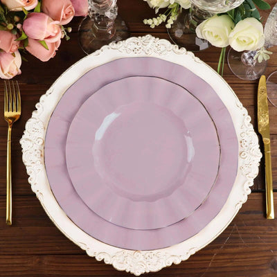 10-Pack Plastic 9" Round Dinner Plates in Lavender Lilac Ruffled Rim with Gold Edging - Sturdy Disposable Dinnerware