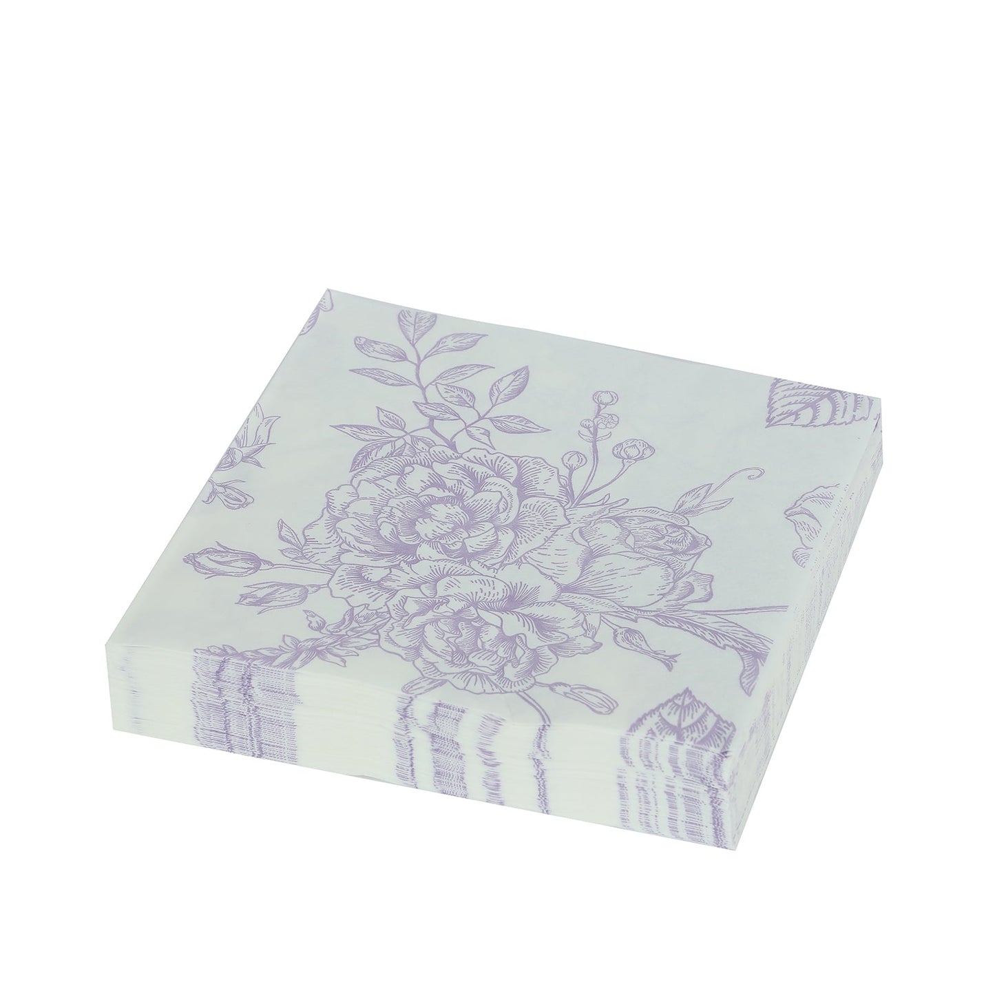 50 Pack 2-Ply Paper Beverage Napkins in Matte Lavender and White French Toile Floral Pattern, Highly Absorbent Soft Disposable Cocktail Napkins