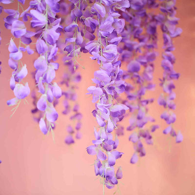 42" Silk Hanging Wisteria Flower Garland Vines in Lavender Lilac, Elaborated 5 Full Strands in 1 Bush