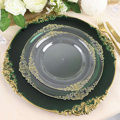 6-Pack Acrylic Round Charger Plates 13" in Hunter Emerald Green with Gold Embossed Baroque Rim, Antique Decorative Dinner Party Charger Tableware