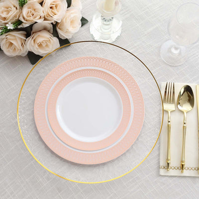 10-Pack Plastic Round Dinner Plates 10" White with Blush Rose Gold Spiral Rim - Chic Disposable Party Plates