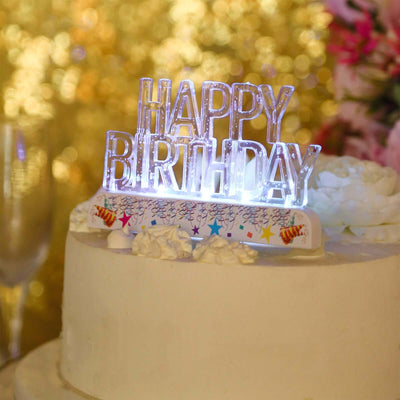 LED Cake Topper Multicolor Flashing Clear Acrylic - Perfect Happy Birthday Party Decor 5’’x3’’ - LED