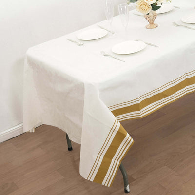 Linen-Like Paper 50’’x108’’ Rectangle Tablecloth White - Disposable Airlaid Table Cover with Gold Striped Border