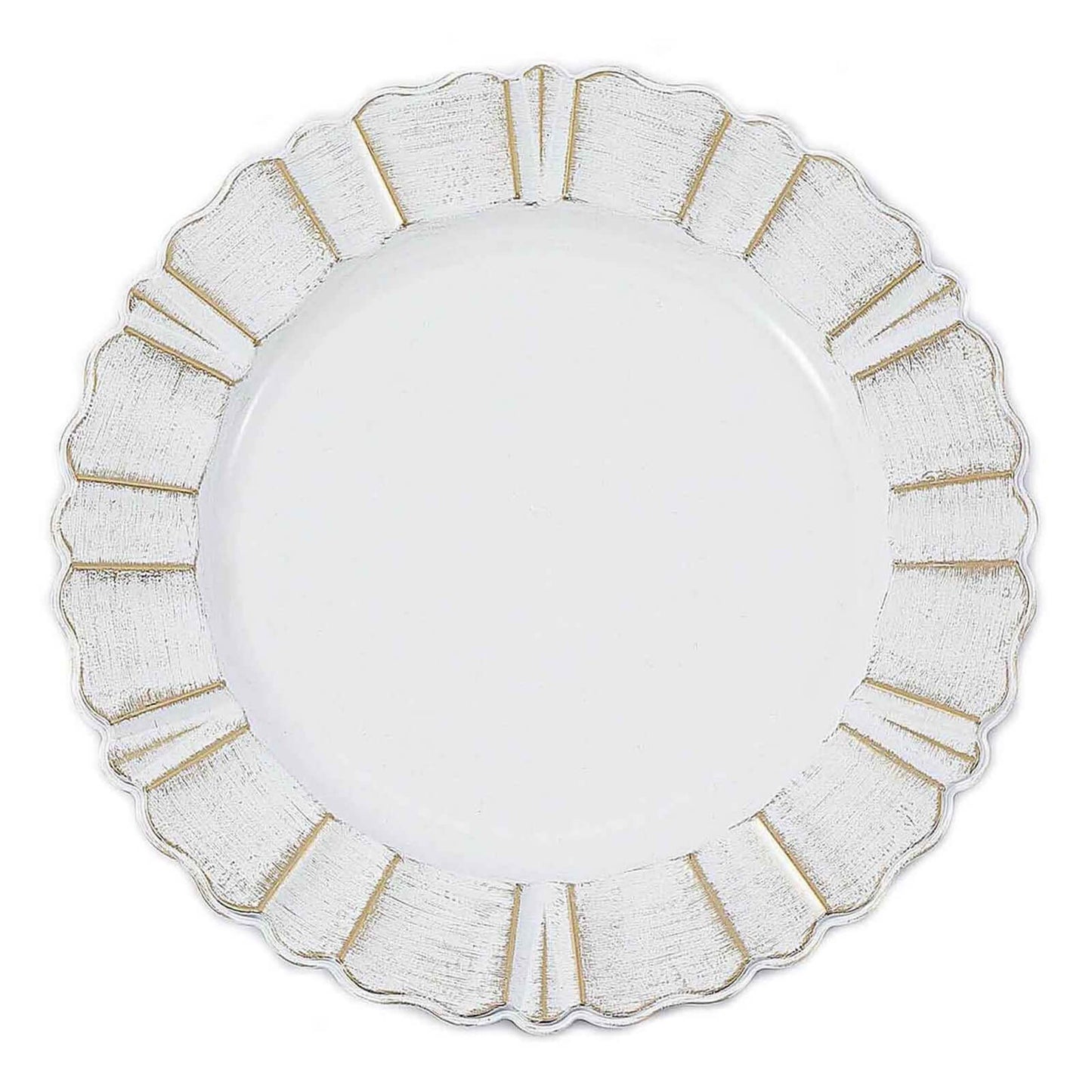 6-Pack Acrylic Plastic Round Charger Plates 13" in White with Gold Brushed Wavy Scalloped Rim, Decorative Dinner Party Charger Tableware