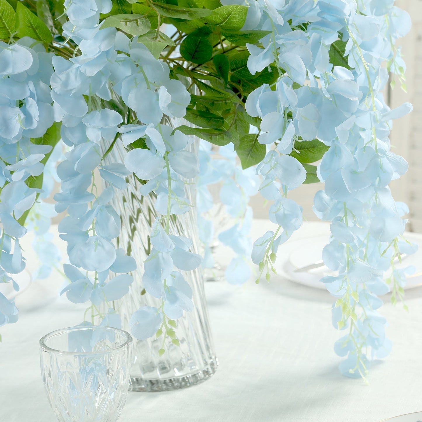 5 Pack 44" Silk Hanging Wisteria Flower Garland Vines in Light Blue, 3 Strands in 1 Bush