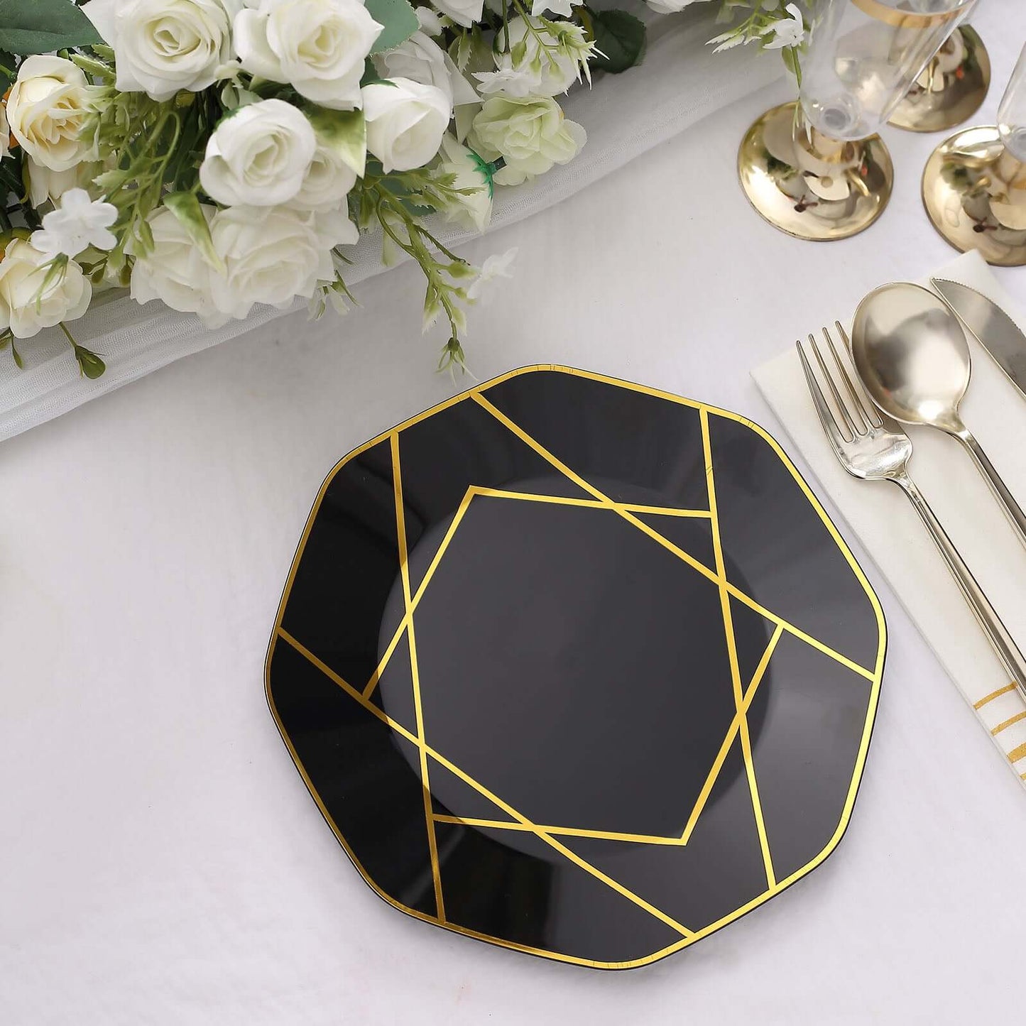10-Pack Plastic 8" Octagon Dessert Plates in Black - Modern Disposable Salad/Appetizer Plates with Gold Geometric Design for Special Occasions & Celebrations