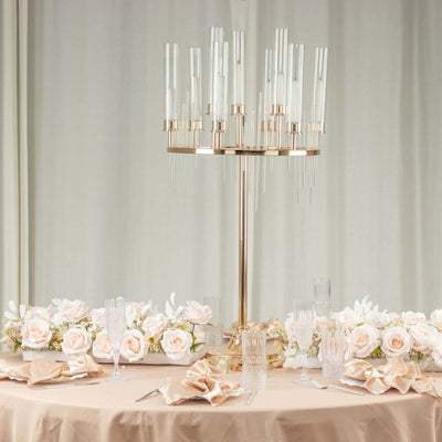 Metal 9-Arm Round Cluster Taper Candelabra Table Centerpiece Gold - Candlestick Holder Table Centerpiece With Drip Accents and Clear Glass Shades 40"