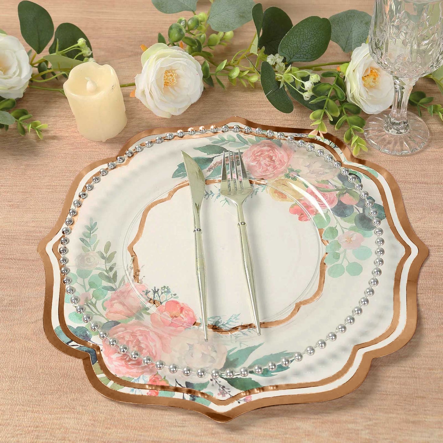 10-Pack Disposable Table Placemats in White with Peony Flowers Print & Rose Gold 13"