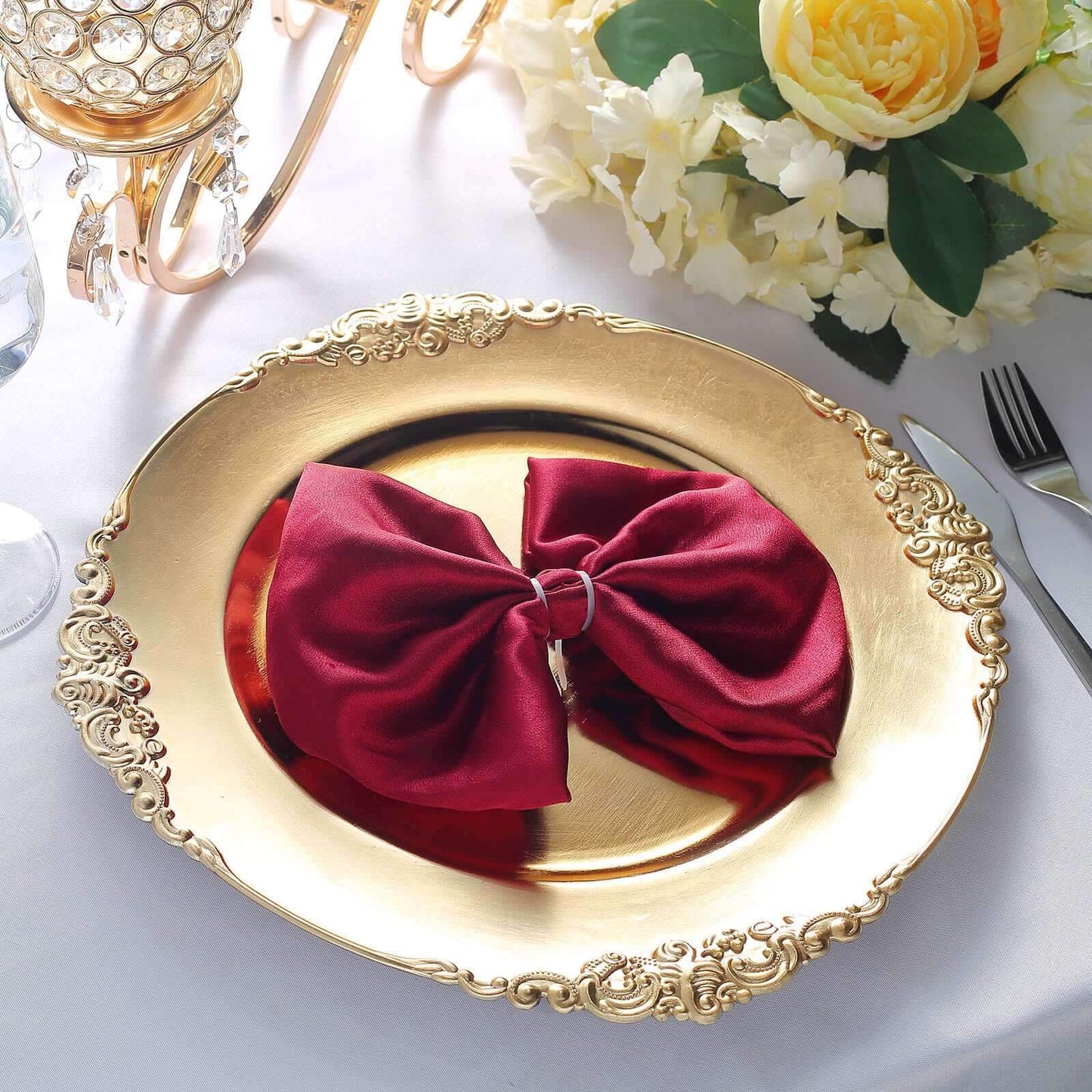 6-Pack Acrylic Round Charger Plates 13" in Gold with Embossed Baroque Rim, Antique Decorative Dinner Party Charger Tableware